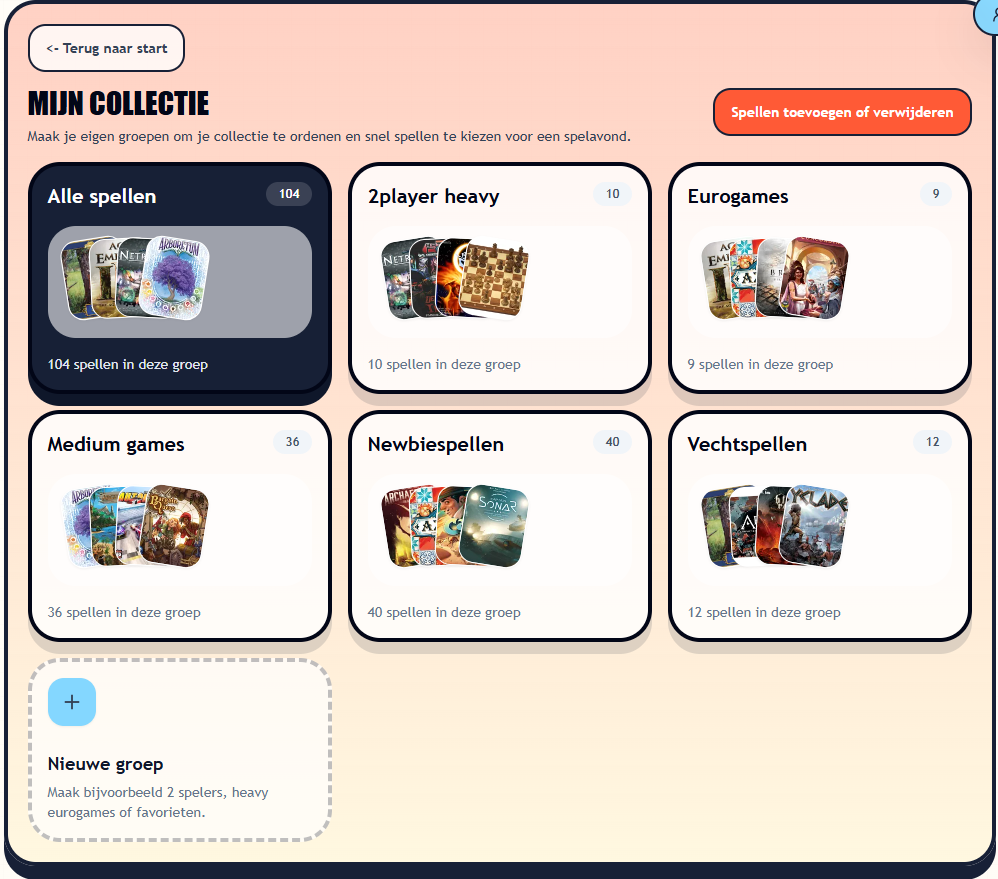 Collectie-overzicht met verschillende spelgroepen.